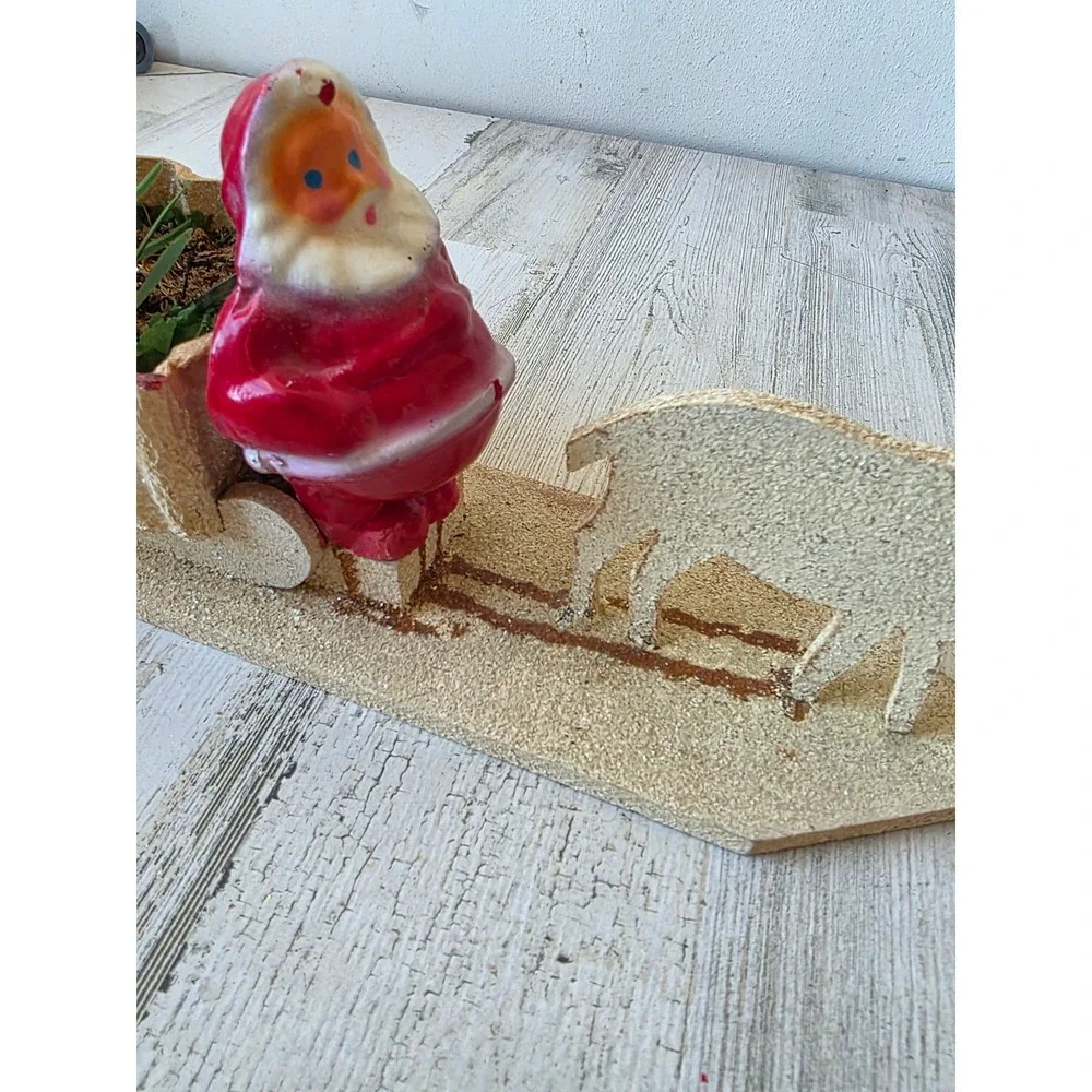 Vintage pressed cardboard mica Santa sleigh reindeer display planter container